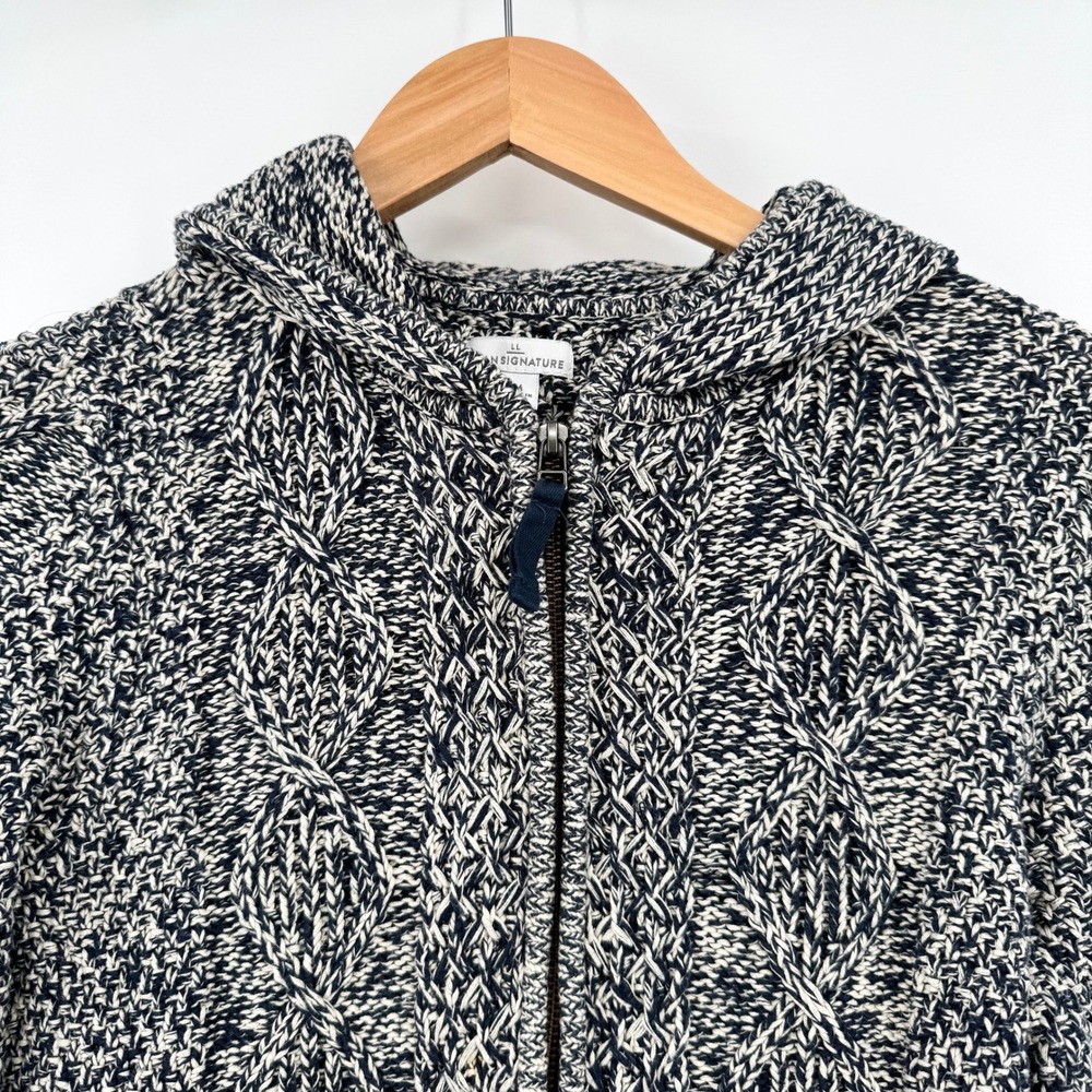 LL Bean Signature Navy Marled Cable Knit Zip Hoodie Sweater Cardigan Women's M - Picture 2 of 14